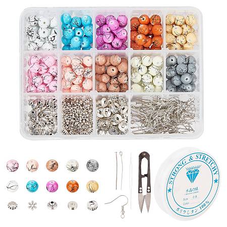 SUNNYCLUE DIY Earring & Bracelets Making Kits, include Drawbench Glass Beads, Brass Earring Hooks, Brass & Alloy Spacer Beads, Elastic Crystal Thread, Steel Scissors and Iron Beading Needles, Mixed Color, Glass Beads: 8mm, Hole: 1.3~1.6mm, 200pcs/set