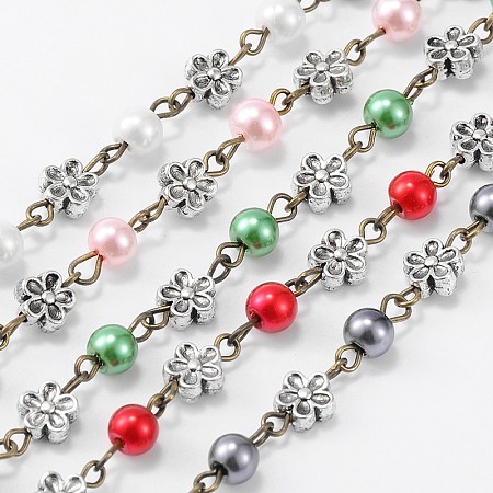 Handmade Round Glass Pearl Beads Chains for Necklaces Bracelets Making, with Tibetan Style Alloy Flower Links and Iron Eye Pin, Unwelded, Mixed Color, 39.3 inches