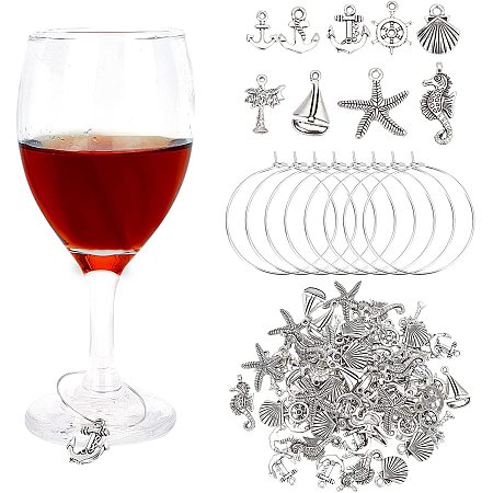 arricraft 90 Pcs 9 Styles Zinc Alloy Pendants, Marine & Nautical Style Pendants Antique Silver Wine Glass Charms Markers Tags with Brass Earrings Hoop for DIY Bracelet Necklace Jewelry Making