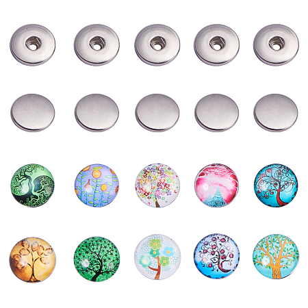 PandaHall Elite 20 Sets Brass Tree of Life Snap Buttons Fastener Charms Including Socket and Cap with 18mm Glass Cabochon Snap Buttons for Jewelry Making