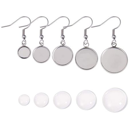 Arricraft 30 pcs 5 Sizes Flat Round Stainless Steel Bezel Blank Earring Trays with Earring Hooks 30 pcs Flat Round Clear Glass Cabochons for DIY Earring Jewelry Making