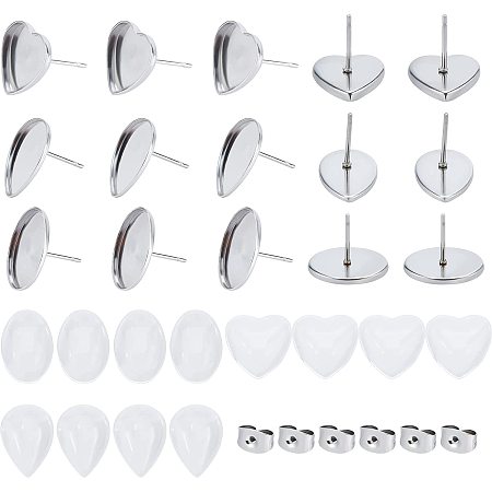 UNICRAFTALE About 54pcs 3 Sizes Stainless Steel Heart/Oval/Teardrop Shape Ear Studs About 11.5/14mm Long Trays with 54pcs Transparent Glass Heart Cabochons and 80pcs Ear Nuts for DIY Ear Stud Making