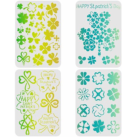 FINGERINSPIRE 4pcs Happy Saint Patrick's Day Drawing Painting Stencils (11.6x8.3inch) Trefoil Theme Templates Decoration Clover Drawing Stencil for Painting on Wood, Floor, Wall and Fabric