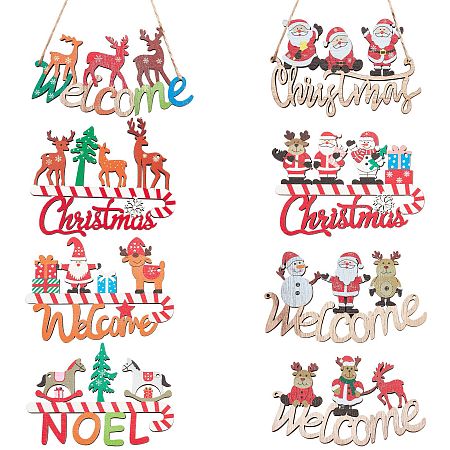 Honeyhandy 8Pcs 8 Style Christmas Decorative Wooden Door Sign, Wood Big Pendants for Door, Hanging Ornament, Mixed Shape, Mixed Color, 61~76.5x99~109.5x3.5~5mm, Hole: 2~2.5mm, 1pc/style