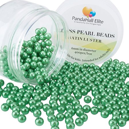 PandaHall Elite 6mm Green Glass Pearls Tiny Satin Luster Round Loose Pearl Beads for Jewelry Making, about 400pcs/box