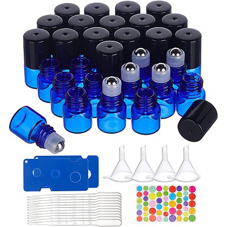 BENECREAT 30 Pack 1ml Blue Glass Roller Bottles Essential Oils Roller Bottles with Stainless Steel Roller Balls, 10PCS Droppers, 4PCS Funnels, 2PCS Bottle Openers and 1 Sheet Stickers
