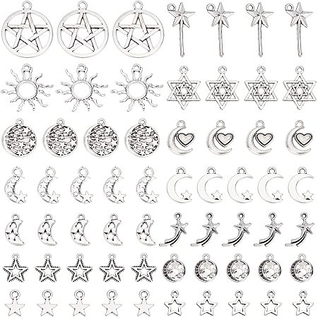 SUPERFINDINGS 140Pcs 14 Style Tibetan Style Alloy Charms Antique Silver Star Moon Pendants Alloy Star Charms for Bracelet Necklace Jewelry Making