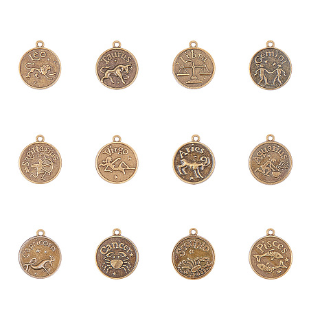 PandaHall Elite 24 Pieces Tibetan Bronze Vintage Style Flat Round Zodiac Horoscope Pendant 12 Constellations Charms Beads Jewelry Making