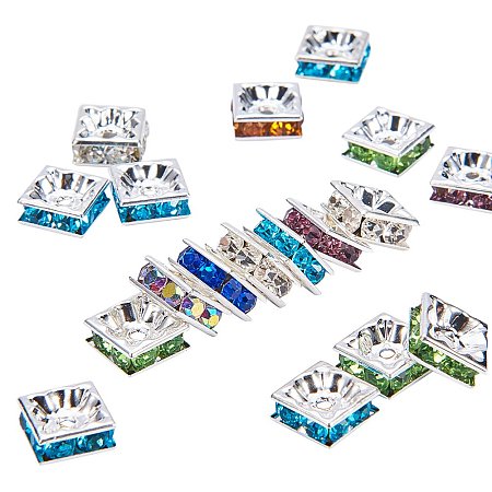 NBEADS Rhinestone Spacer Beads, Square, Nickel Free, Mixed Color, Silver Metal Color, Size: About 8mm Wide, 8mm Long, 4mm Thick, Hole: 1mm