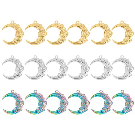 DICOSMETIC 18Pcs 3 Colors Crescent Moon Stainless Steel Curved Moon with Rose Charms Gold and Rainbow Color Celestial Charm for DIY Necklace Bracelet Jewelry Making, Hole: 2mm