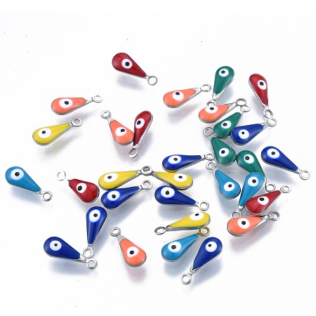 304 Stainless Steel Enamel Charms, Stainless Steel Color, Teardrop with Evil Eye, Mixed Color, 12x4.5x3mm, Hole: 1.2mm