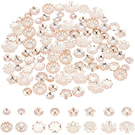 PandaHall Elite 80pcs 304 Stainless Steel Bead Cap 8 Styles Muiti-Petal Round Filigree Flower Cup Shape Bead Rose Gold Spacer Beads for Bracelet Necklace Jewelry Making, 7~14.5mm in Diameter
