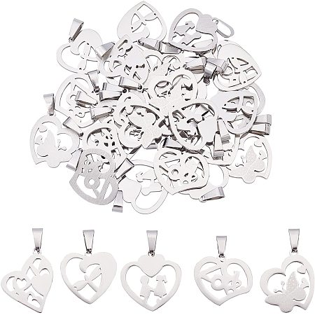 UNICRAFTALE 30pcs 5 Styles Heart Charms Stainless Steel Pendants Valentines Day Theme Heart with Word Made with Love Metal Pendants for DIY Jewelry Making Stainless Steel Color 2mm Hole