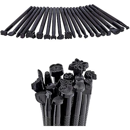AHANDMAKER Black Leather Stamping Tool Set 20pcs Mixed Shape Pattern Drill Steel Saddle Making Punch Carving Leather Craft DIY Working