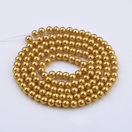 Honeyhandy Glass Pearl Beads Strands, Pearlized, Round, Gold, 6mm, Hole: 1mm, about 140pcs/strand, 32 inch