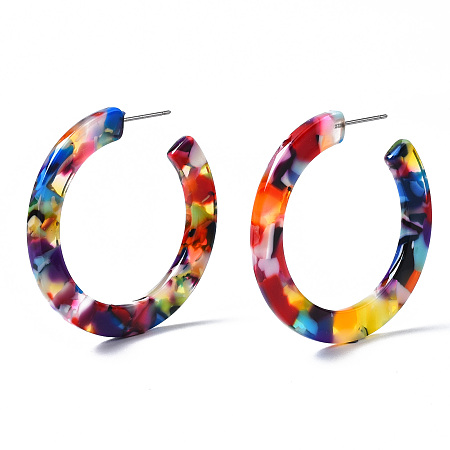 Honeyhandy Cellulose Acetate(Resin) Half Hoop Earrings, with 304 Stainless Steel Pin, Round, Colorful, 41x2.5mm, Pin: 0.7mm