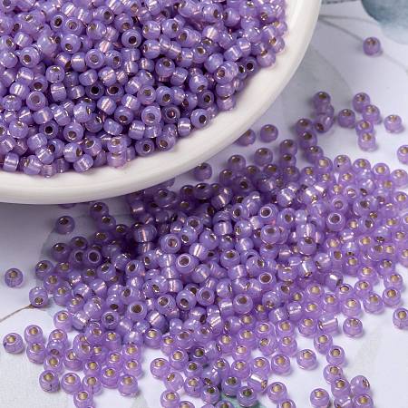 MIYUKI Round Rocailles Beads, Japanese Seed Beads, 8/0, (RR574) Dyed Lilac Silverlined Alabaster, 3mm, Hole: 1mm, about 422~455pcs/10g