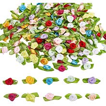 GORGECRAFT 200Pcs 10 colors Mini Ribbon Roses for Crafts Artificial Fabric Flowers with Green Leaves Rosettes Small Flower Satin Ribbons Embellishments Applique for Sewing Bows Wedding Valentine's Day