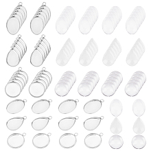 Unicraftale DIY Pendant Making Kits, Including 90Pcs 3 Style 304 Stainless Steel Pendant Cabochon Settings, 90Pcs Glass Cabochons, Flat Round & Teardrop & Oval, Stainless Steel Color, Settings: 30pcs/style