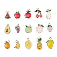 Honeyhandy 15Pcs 15 Style Alloy Enamel Pendants, Light Gold, Fruit, Mixed Color, 15~24x10~16x1~3mm, Hole: 0.9~2.5mm, 1pc/style