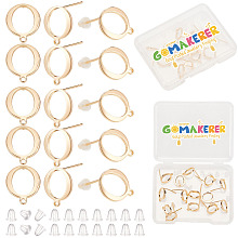 GOMAKERER 20Pcs Rack Plating Brass Ring Stud Earring Findings, with Loops and 20Pcs Plastic Ear Nuts, Real 18K Gold Plated, 12x10mm, Hole: 1mm, Pin: 0.8mm