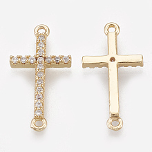 Honeyhandy Cubic Zirconia Links, Real 18K Gold Plated, with Brass Findings, Sideways Cross, Clear, 17.5x9x1.5mm, Hole: 1mm