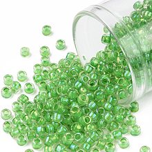 TOHO Round Seed Beads, Japanese Seed Beads, (184) Inside Color Luster Crystal/Spearmint Lined, 8/0, 3mm, Hole: 1mm, about 220pcs/10g