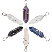 SUNNYCLUE Faceted Bullet Gemstone Pointed Pendants, Wire Wrapped Pendants, with Platinum Plated Brass Wire, 38~42x8~9mm, Hole: 3~6mm; 6 materals, 1pc/materal, 6pcs/box