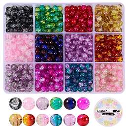 Honeyhandy DIY Jewelry Making Kits, Including 300Pcs 12 Colors Spray Painted Crackle Glass Beads, Round, Two Tone, with Clear Elastic Crystal Thread, Mixed Color, Beads: 8mm, Hole: 1.3~1.6mm, 25pcs/color