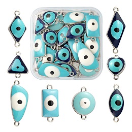 Arricraft 32Pcs 8 Style Platinum Alloy Enamel Links Connectors, Heart & Triangle & Rhombus & Quadrangle & Rectangle & Flat Round with Evil Eye, Evil Eye, Sky Blue, 17.5~31x11~16x4~4.5mm, Hole: 1.2~1.8mm, 4pcs/style