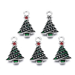 Honeyhandy Christmas Alloy Enamel Pendants, Cadmium Free & Nickel Free & Lead Free, Platinum, Christmas Tree, Dark Green, 21x13x3mm, Hole: 2mm