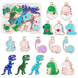 30Pcs 15 Style Alloy Enamel Pendants, Dinosaur, Mixed Color, 17~29x11.5~21x1.5~2mm, Hole: 1.4~2mm, 2pcs/style