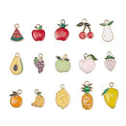 Honeyhandy 15Pcs 15 Style Alloy Enamel Pendants, Light Gold, Fruit, Mixed Color, 15~24x10~16x1~3mm, Hole: 0.9~2.5mm, 1pc/style