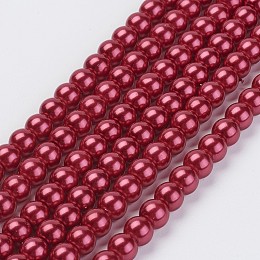 Eco-Friendly Glass Pearl Bead Strands, Round, Dyed, Cotton Cord Threaded, Crimson, 14mm, Hole: 1.2~1.5mm, about 30pcs/strand, 15.7 inch