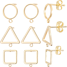 Beebeecraft 24Pcs 3 Style Square & Triangle & Ring Brass Stud Earring Findings, with Horizontal Loops & 24Pcs Friction Ear Nuts, Real 18K Gold Plated, 12~12.5x10~12x1~2mm, Hole: 1~1.4mm, Pin: 0.7~0.8mm, 8Pcs/style