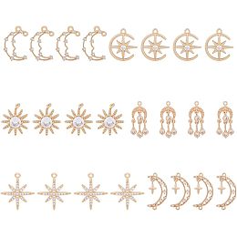 DICOSMETIC 24Pcs 6 Styles Rhinestone Star Moon Charms Cubic Zirconia Sun Charms Light Gold Plated Hollow Celestial Moon Dangle Pendants Brass Pendants for Jewelry Making, Hole: 1.2mm