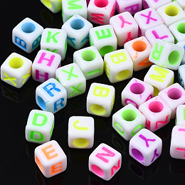 Honeyhandy Craft Style Acrylic Beads, Cube, Mixed Color, Random Mixed Letters, 6x6x6mm, Hole: 3mm, about 2995pcs/500g