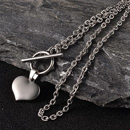 Honeyhandy Valentine's Day Heart 304 Stainless Steel Lariat Necklaces, with Textured Cable Chains & Toggle Clasps, Stainless Steel Color, 17.1 inch(43.5cm)