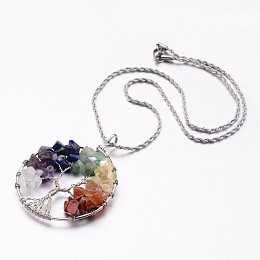 Honeyhandy Tree of Life Mixed Stone Big  Pendants Necklaces, with 304 Stainless Steel Chain, 19.6 inch