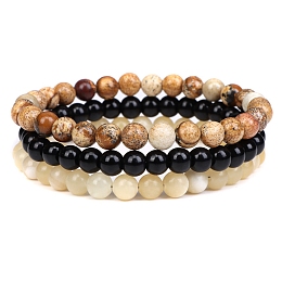 Honeyhandy 3Pcs 3 Style Natural Picture Jasper & Black Agate & Citrine Round Beaded Stretch Bracelets Set, Gemstone Stackable Bracelets for Woman, Wide: 6mm, 7-1/4~7-1/2 inch(18.5~19cm), 1Pc/style