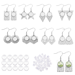 CHGCRAFT 16Pcs 8 Style 304 Stainless Steel Earring Hooks, with Flat Round Settings & 50Pcs Plastic Ear Nuts & 16Pcs Glass Cabochons, Hexagon & Triangle & Rectangle & Star & Rhombus, Stainless Steel Color, Tray: 12mm, 39.5~47mm, Pin: 0.8mm, 2Pcs/style