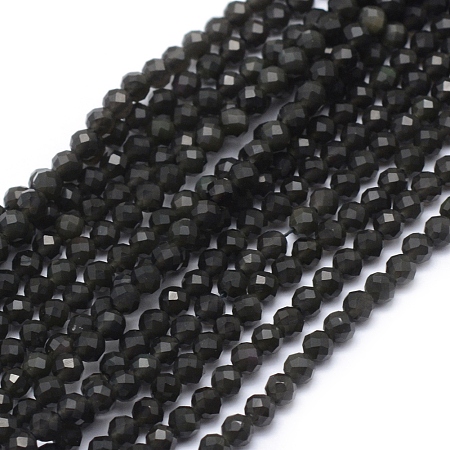 Arricraft Natural Obsidian Beads Strand, Faceted, Round, 4mm, Hole: 1mm, about 95pcs/strand, 15.35 inches(39cm)