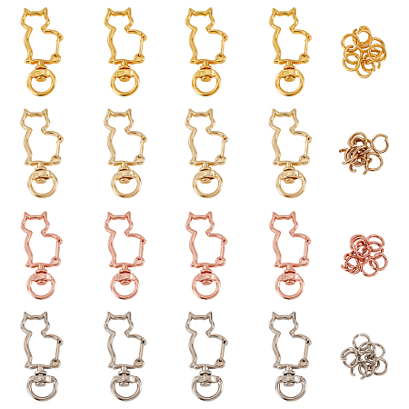 CHGCRAFT Alloy Swivel Keychain Clasp Findings, with Iron Jump Rings, Cat Shape, Mixed Color, 44x18x6mm, Jump Ring: 8x0.6mm; 4 colors, 10sets/color, 40sets/bag