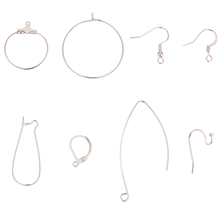 SUNNYCLUE Brass Earring Findings,  Hooks Earrings & Hoop Earrings & Leverback Earrings, Platinum, 74x73x25mm; 160pcs/box