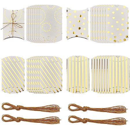 BENECREAT 32 Packs 5.9x3.9x1.2 Inch Dot Stripe Pattern Kraft Paper Pillow Box with 1 Yard Gold Metallic Cord for Wedding Baby Shower Birthday Party Packaging