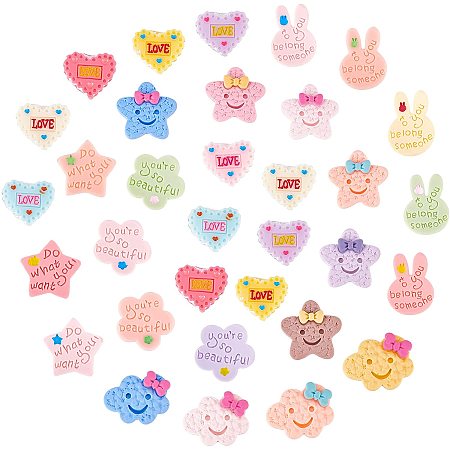 SUNNYCLUE 60Pcs 6 Styles Heart Resin Cabochon Animal Cabochons Flatback Mini Colorful Flower Rabbit Star Slime Charms for Kawaii Hair Clips DIY Scrapbooking Crafts Making Supplies
