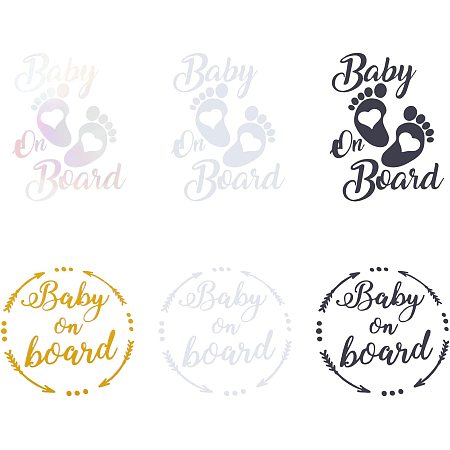 SUPERFINDINGS 6 Sheets 6 Style Word Baby On Board Decal Foot Print Vinyl Car Sticker Cute Safety Caution Decal Sign Reflective Plastic Car Stickers for Cars Trucks Vans Walls Laptop