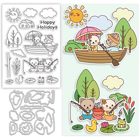 GLOBLELAND Cat Fishing Cut Dies and Clear Stamp Sun Boat Tree Embossing Template and Silicone Stamp for Card Scrapbooking Card Making DIY Craft Decoration