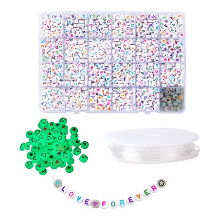 Honeyhandy DIY Jewelry Making Kits, Including White Flat Round Acrylic Beads Colorful Letter, Elastic Crystal Thread, Mixed Color, 1920Pcs/Set