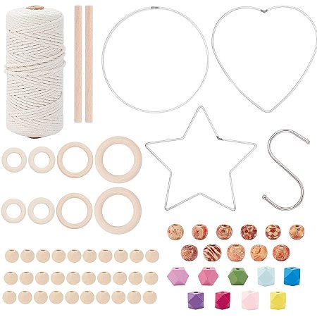 NBEADS Macrame Rope Kit, 100m Macrame Cord with 70 Pcs Wood Beads, 8 Pcs Wood Ring, 3 Shapes Dream Catcher Rings, 2 Pcs Wooden Stick and 2 Pcs S-Hook Clasps for Beginners Crafts DIY Plant Hangers